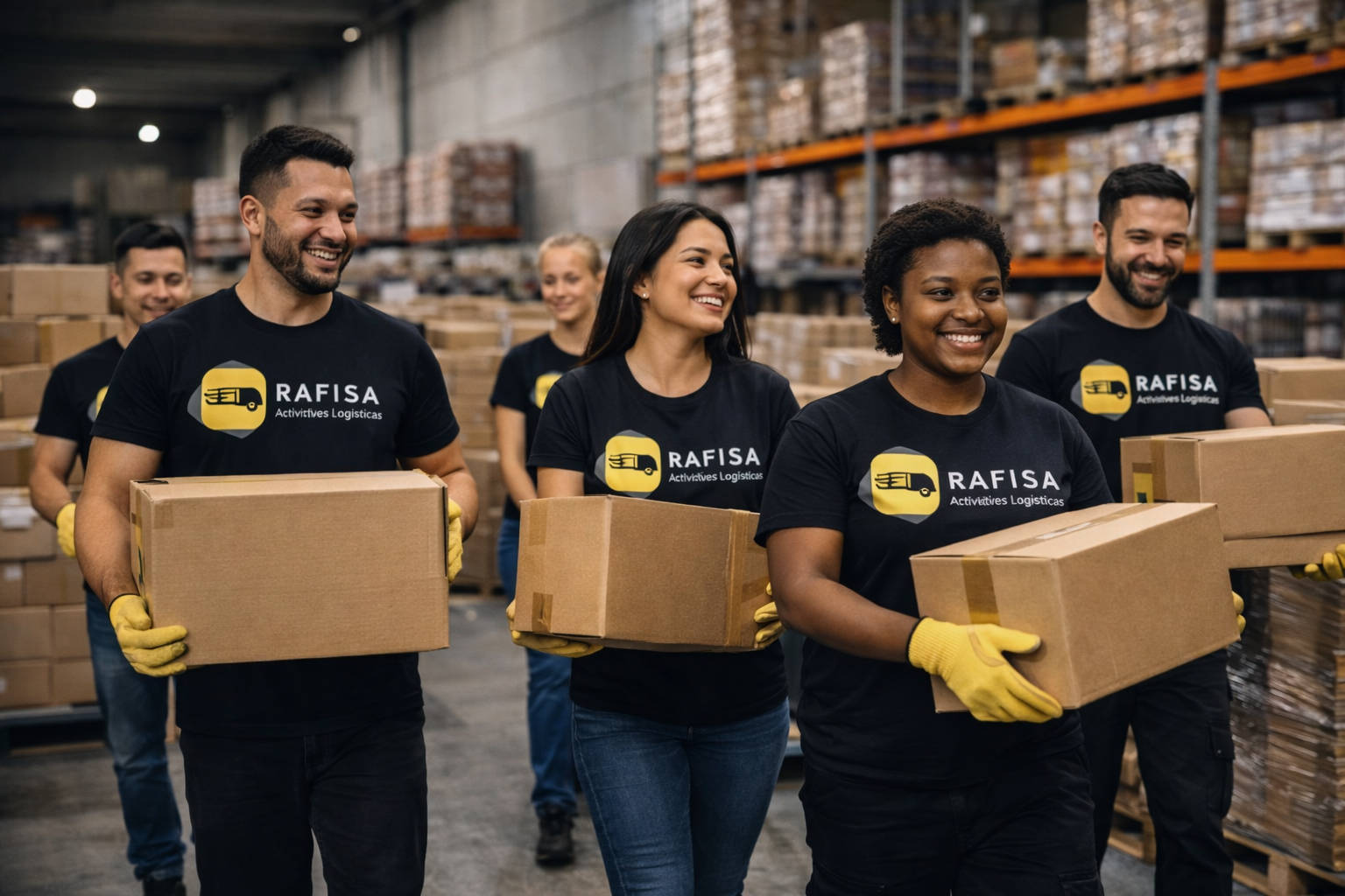 Equipe Rafisa Log carregando caixas